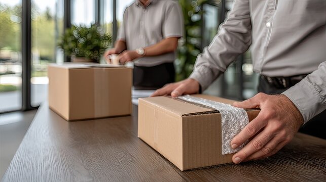 Office workers packing boxes, shipping, modern office