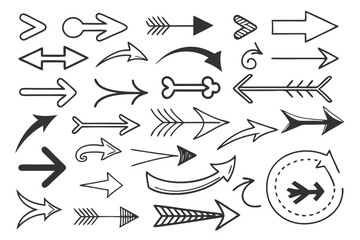 Sketchy Hand-Drawn Arrows Collection in Vector Format Featuring Curved and Circular Designs. Black Arrow Icons for UI Navigation Graphics, Infographics, and Presentations.

