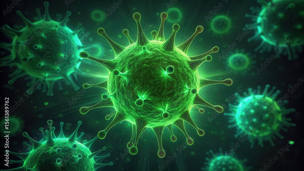 Aufkleber green glowing cells under microscope in low resolution image