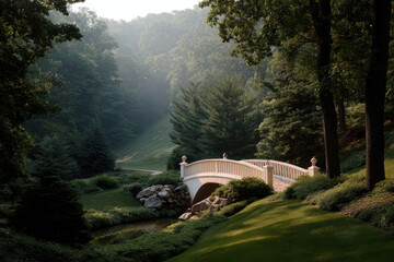 tranquil bridge gracefully arching over lush green slope bathed in warm soft light