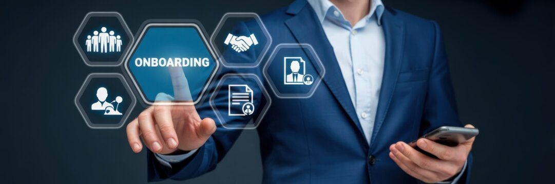 A businessman interacts with a digital onboarding interface. - Powered by Adobe