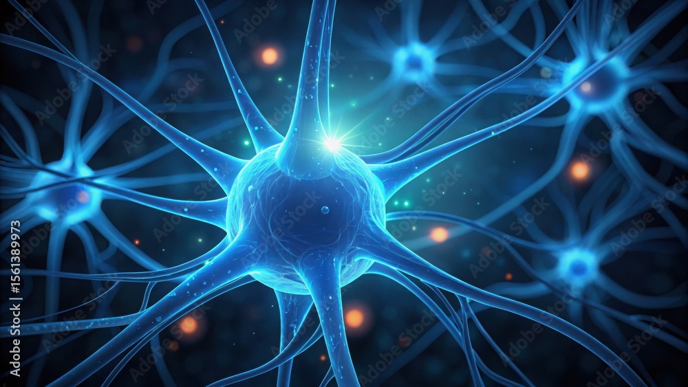 Aufkleber Glowing Blue Neural Cells in a Dynamic Digital Environment