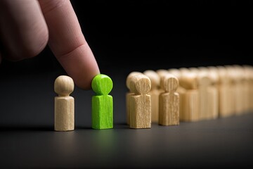 A single, vibrant green wooden figurine is selected from a line of light beige wooden figures