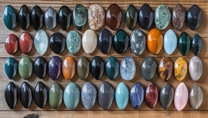 Oval-shaped polished stones in various colors and patterns, arranged in rows on a wooden surface