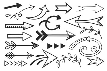 Black Hand-Drawn Arrow Set in Sketch Vector Format Featuring Circular and Zigzag Icons for Infographic Presentations, Navigation UI Charts, and Web Design Templates.

