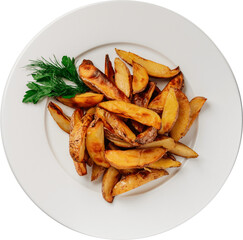 A plate of perfectly cooked golden brown potato wedges, garnished with fresh herbs, ready to eat.