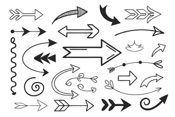 Black Sketch Arrows in Hand-Drawn Vector Style. Curved and Circular Icons for Navigation UI Symbols, Infographic Design Charts, and Creative Web Presentation Layouts.

