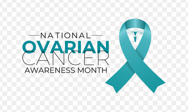 Ovarian Cancer awareness month is observed every year in September. A concept for healthcare and medicine. Realistic Teal Ribbon and ovaries. Creating for web banner, cards, prints, social media.