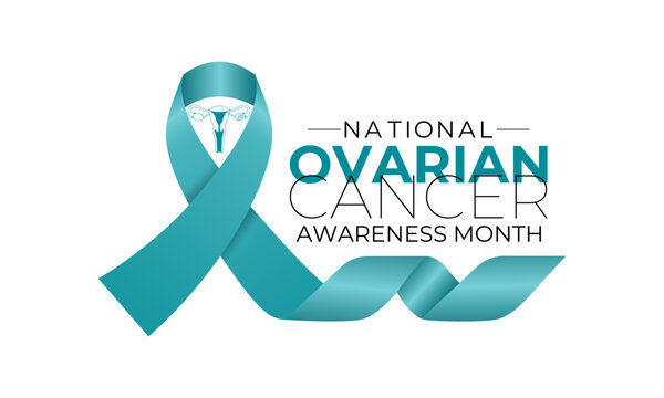 Ovarian Cancer awareness month is observed every year in September. A concept for healthcare and medicine. Realistic Teal Ribbon and ovaries. Creating for web banner, cards, prints, social media.