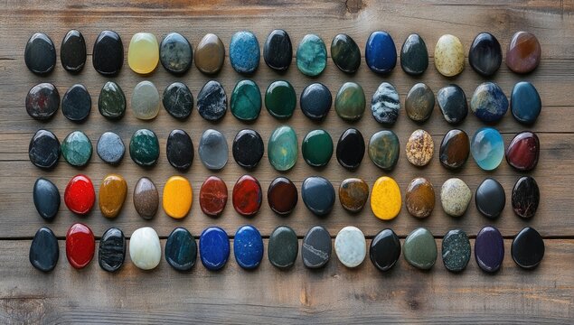 Colorful stones arranged in rows on a wooden surface - Powered by Adobe