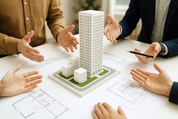 Architectural team discussing building model and blueprints architectural model building design