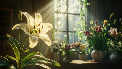 Sunlit room, white lily, vibrant blooms