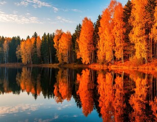 Obraz premium autumn forest reflected in the lake. orange trees and water. landscape nature beauty.