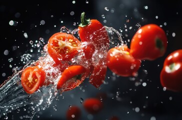 Super slow motion of sliced red peppers and cherry tomatoes flying