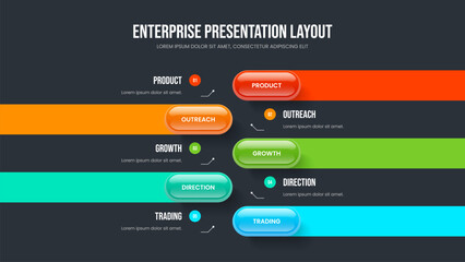 Sales Introduction Five Option Infographic Slide Design. Advertising Portfolio Presentation Template Vector Illustration. Company Insight 5 Element Diagram Frame Layout.