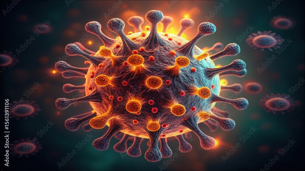 Poster Detailed Macro View of Virus Structure with Glowing Edges and Vivid Colors
