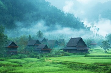 Timeless rural heritage village with fog-draped forest in the background and