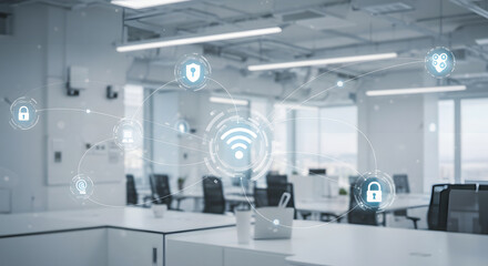 Secured Office Space: An office blends secure wireless network, highlighted by vibrant interface elements amidst modern workspaces.