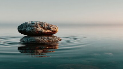 Single smooth stone resting on calm water surface with soft morning light and gentle ripples, minimalistic tranquil nature concept in realistic style, no people visible.