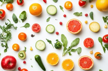 Naklejka premium Top view of fresh healthy vegetables and fruits on clean white background,