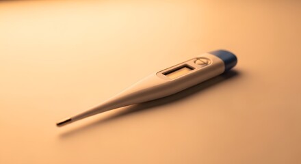 A digital thermometer lies on a light beige surface, angled slightly.
