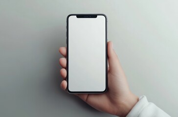 Side view of hand holding smartphone mockup, light soft background,