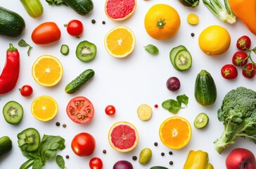 Top view of fresh healthy vegetables and fruits on clean white background,