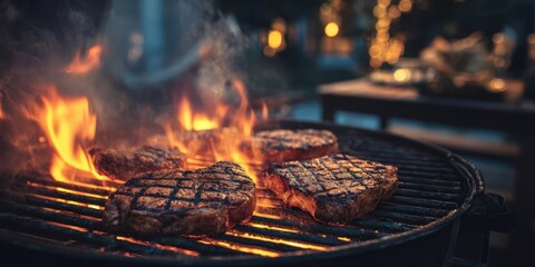 The delicious steaks sizzling on the grill during a vibrant summer evening.
