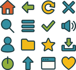 Collection of 16 Modern Flat User Interface Navigation Icons for Websites and Apps