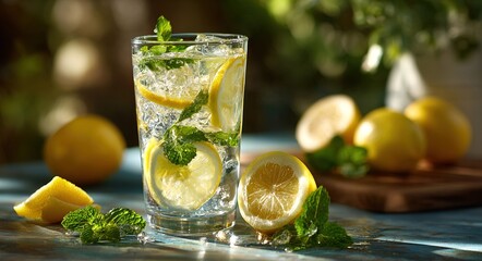 Refreshing Lemonade: Sunlit Glass, Lemons, and Mint. High quality