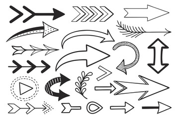 Hand-Drawn Doodle Arrow Icons in Vector Style. Black Curved and Swirled Sketch Arrows for Infographic Design Layouts, UI Navigation Elements, and Creative Presentations.

