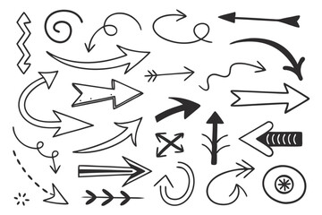 Curved and Circular Arrows in Hand-Drawn Vector Style. Black Sketch Icons for UI Navigation Layouts, Infographic Templates, and Creative Presentation Design Graphics.

