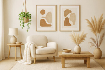 Cream armchair with neutral abstract art and dried grass pampas grass hanging plant