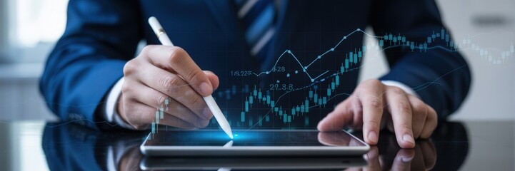 Businessperson analyzing financial data on a tablet.