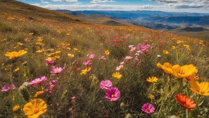 Fototapeta premium Hillside Covered in Blooming Wildflowers