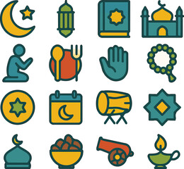 Collection of Islamic Symbols and Ramadan Icons for Festive Celebrations and Religious Observances