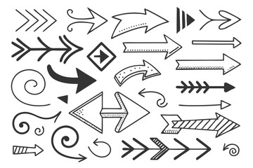 Black Sketchy Hand-Drawn Arrows Set Featuring Curved and Circular Icons. Vector Design Elements for Infographics, Navigation UI, and Creative Web Presentation Graphics.

