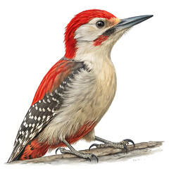 A woodpecker is posing in a straightforward manner, isolated on a white background.