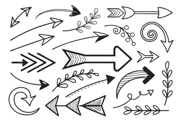 Vector Collection of Hand-Drawn Arrow Icons in Sketch Style. Curved, Circular, and Zigzag Black Arrows for UI Navigation Layouts, Infographic Charts, and Visual Presentations.

