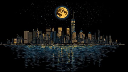 Night view of New York City skyline with full moon.  Pixelated graphic of illuminated skyscrapers reflected in dark water.  Stars scattered across the night sky