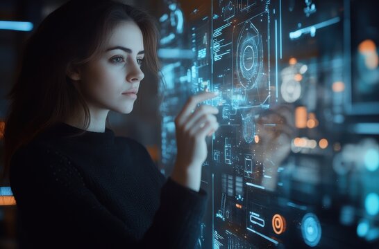 Woman immersed in digital analysis, surrounded by floating transparent