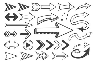 Sketch Arrow Icons Set in Hand-Drawn Vector Style. Circular and Curved Arrows in Black for Use in Infographics, Navigation UI Graphics, and Creative Presentation Layout Templates.

