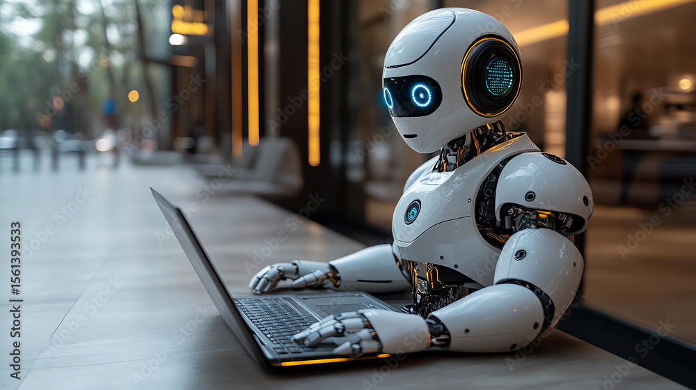Poster A futuristic robot interacts with a laptop in a modern environment, showcasing advancements in technology and artificial intelligence.