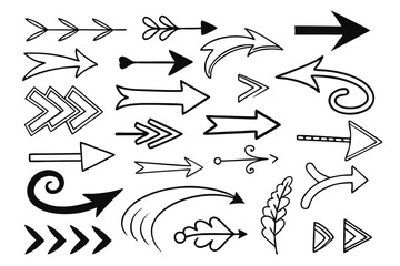 Hand-Drawn Vector Arrow Icons Featuring Swirled and Zigzag Designs in Sketch Style. Black Arrows for UI Navigation, Infographics, and Presentation Graphic Templates.

