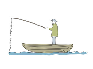 Abstract fisherman fishing with a fishing rod on a boat,  continuous single line art drawing sketch, logo