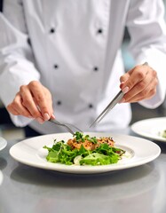 Chef hands preparing gourmet dish in a professional kitchen