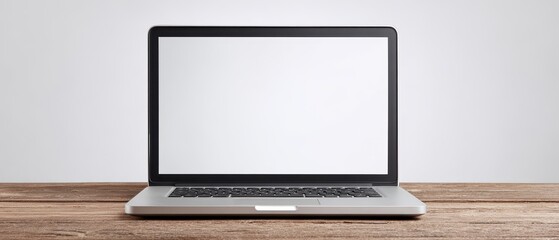Fototapeta premium Silver Laptop with Blank Screen on Rustic Wooden Table