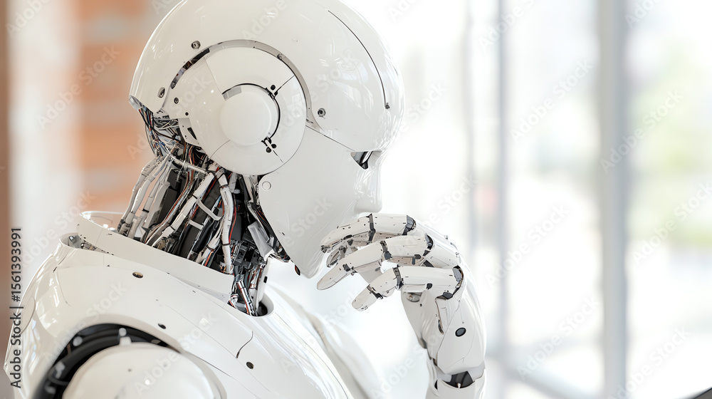 Poster A thoughtful humanoid robot deep in contemplation, showcasing advanced design and intelligence in a modern setting.