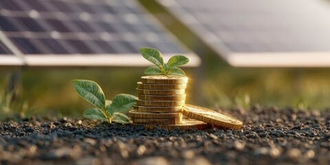 The golden coins nurtured by plants under solar panels for sustainable investment.
