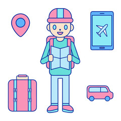 cartoon of a boy holding a map and other items